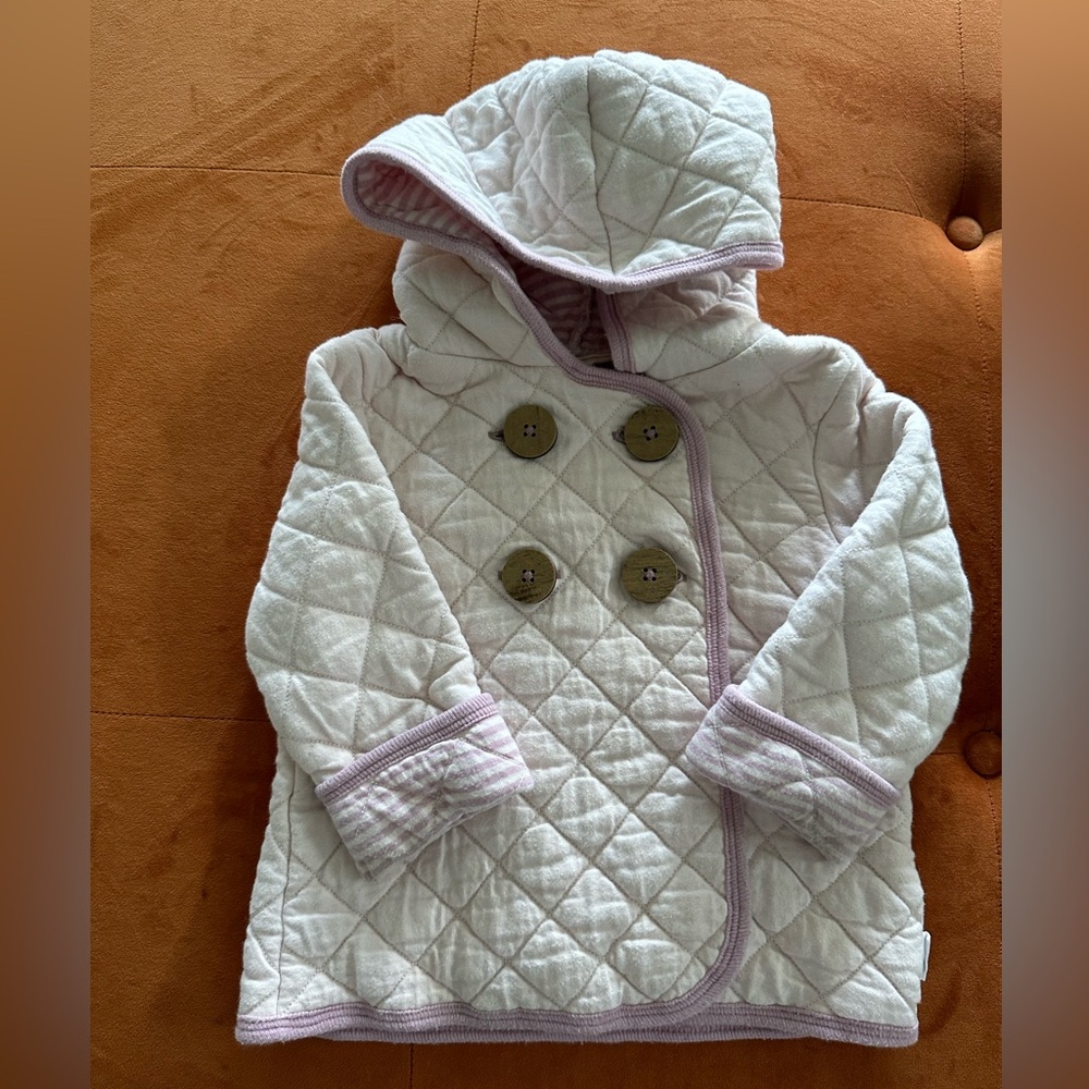 Burt's Bees Baby Quilted Hooded Jacket in White with Light Purple Trim